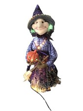 2001 Halloween Fiber Optic Witch 16" W Pumpkin Broom Spider Web Kids Of America picture