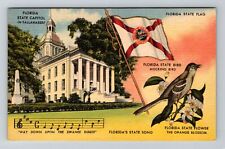 Tallahassee FL-Florida, State Capitol, Flag, Bird, Flower Song Vintage Postcard picture
