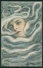 French 1900 Risque PORTRAIT Female Smoker SURREAL FANTASY Art by B.Patella SMOKE picture