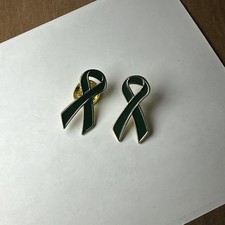 Two Gold Tone Metal Green Enamel Ribbon Mental Health Liver Cancer Lapel Hat Pin picture