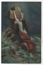 Antique Postcard Faith in God Woman clinging to the cross Storm Sea shipwreck picture