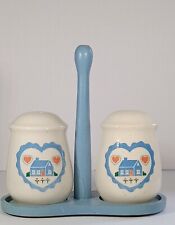 Ceramic Farmhouse & Hearts Salt & Pepper Shakers w/Stand Blue Cottagecore picture
