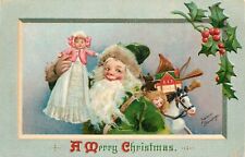 Embossed Christmas Postcard Frances Brundage Green Robe Cherubic Santa Claus 200 picture