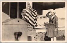 1910s WWI Photo RPPC Postcard Girl in Red Cross / Sailor Outfit Saluting US Flag picture