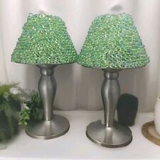 2 Brass Tealight Candle Lamps W Green Beaded Lamp Shade 10