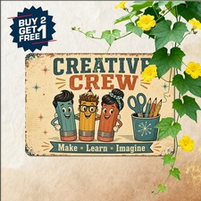 Pencil Characters Creative Crew Sign Retro Elementary School Metal Decor 8x12 picture