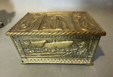 Antique English Victorian Scenic Decorated Wood Lined Brass Keepsake Humidor Box picture