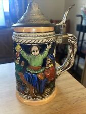  Vtg Glazed Pottery Pub Scene Germany Style Lidded Beer Stein Tankard Colorful picture