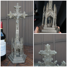 Antique Belgian spelter metal neo gothic chalice crucifix holy spirit heart picture
