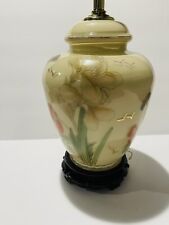 Vintage- -16” T Asian White Iris Butterfly Hand Painted Cased Glass Lamp Signed- picture