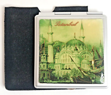Vintage Istanbul Souvenir Compact Mirror Turkey Square Black Velvet Pouch picture