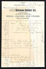 Great Falls, MT Bateman-Switzer Co. Wines Liquors Cigars 1903 Billhead Statement picture