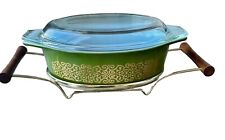 RARE Pyrex Promotional Bramble Green Gold 043 Oval Casserole W/Lid & Cradle VTG picture