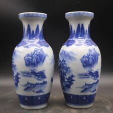 A Pair  Blue and White Porcelain Landscape Vases Qianlong Ancient China picture