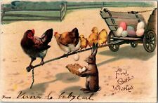 Rabbit Catches Fresh Eggs in Basket, Fond Easter Wishes c1906 Vtg Postcard P28 picture