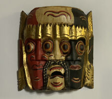 Vintage Indonesian Hand Carved Painted Three Face Bali Barong Devil Wooden Mask picture