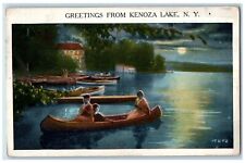 1931 Greetings From Kenoza Lake New York NY, Canoeing Boat Moonlight Postcard picture