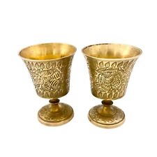 Vintage Brass Goblets Set Of 2 Handcrafted Floral Engraved India 3.25