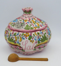 PORTUGESE ALGARVE POTTERY SIGNED SALT BOX - HAND or STAND ALONE w/BAMBOO SPOON picture