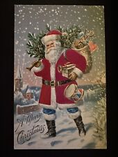 Patriotic SILK Santa Claus~with USA  Flag~Toys~Tree~Antique Xmas Postcard-k477 picture