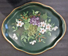 VINTAGE MCM Hand Painted Pilgrim Art Green Toleware Metal Serving Tray 17.5x14.5 picture