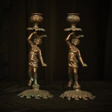 Waterbearer Girl Metal Candleholder, Vintage Belle Époque, Art Nouveau Pair picture