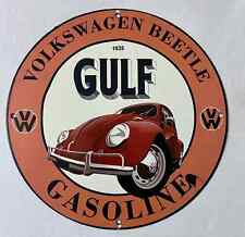 GULF GASOLINE VOLKSWAGEN BEETLE PINUP PORCELAIN MANCAVE GAS OIL SERVICE AD SIGN picture