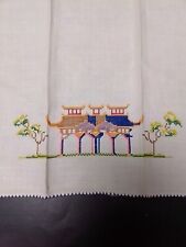 Vintage Linen Embroidery Crosstitch Asis Japan China Shrine Pagoda 21x13