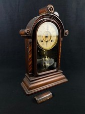 Wood Mantel Clock Spiral Columns Ornate Pendulum Key Arched Glass Door Untested picture
