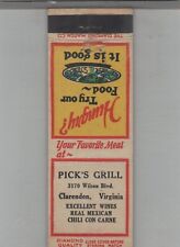 Matchbook Cover 1930s Diamond Quality Pick's Grill Clarendon, VA picture