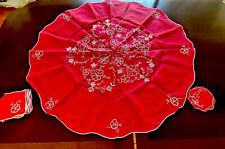 Vintage Red Linen Hand Embroidered Round  41” Tablecloth Set 13 Piece Fine picture