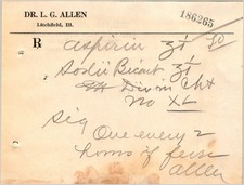 1918 Flu Prescription Dr L.G. Allen Litchfield IL Aspirin Sodium Bicarb picture