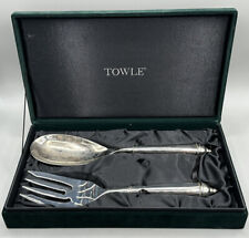 1999 Towle Silversmiths Large Salad Fork & Spoon With Green Velvet Case Vintage picture
