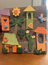 Mexican Folk Art Handmade Ceramic Board Village Scene with Colorful Houses picture