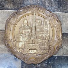 Vintage 3D Paris France Wood Carved Wall Plate Eiffel Tower Arc de Triomphe picture