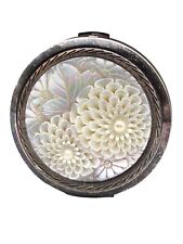 Vintage 1950s Crown Makeup Powder Compact Mother of Pearl Carved Chrysanthemums picture