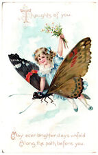 Postcard Tucks 105 Fantasy Child Riding Flying Moth Insect Carrying Flowers 1909 picture