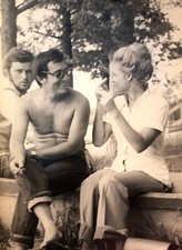 Shirtless handsome man bare torso cute lady conversation ussr vintage photo 1970 picture