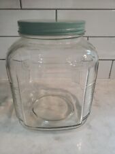 Vintage Large Glass Canister Cracker Jar W/Green Metal Lid picture