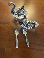 Vintage Silver Plate & Glass Swan Open Salt Cellar w Spoon  (Set Of 2) picture