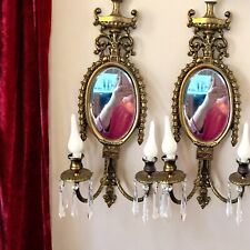 Antique Set Of 2 Brass Wall Sconce Double Candle Holder frames w/ Mirror 24