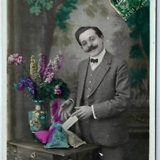 1910s French Happy New Year Young Man Mustache RPPC Hand Colored Real Photo A136 picture