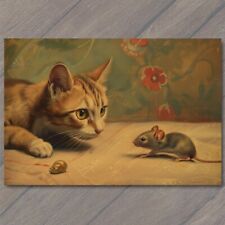 POSTCARD Cat And Mouse Unlikely Friends Illustration Retro Look Cute Funny picture