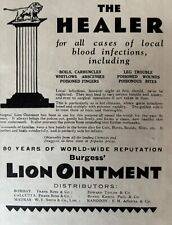 BURGESS LION OINTMENT THE HEALER INDIA BLOOD INFECTIONS VINTAGE PRINT AD 1930 picture