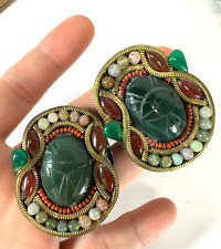 Vintage Earrings Clip On Hansen Glass Scarab Egyptian Large 80s picture