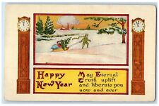 c1910's New Year Man Pulling Cart With Pine Tree Winter Scene Antique Postcard picture