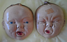 Vintage Pair Baby Face Chalkware Plaster Head Wall Plaques 1940s? 1 Crying 1 Not picture