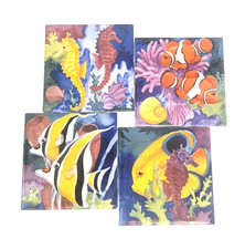Under the Sea Decorative Ocean Life Art Tiles Wall Decor Fish Seahorse Set of 4 picture