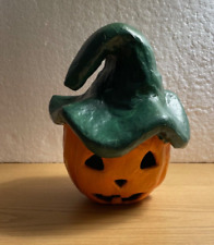 Vintage Paper Mache Pumpkin Jack O Lantern Green Hat Fall Halloween Decor  9.5” picture