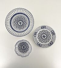 Set Of Three Vintage Blue And White Porcelain Reticulated Decorative Plates picture